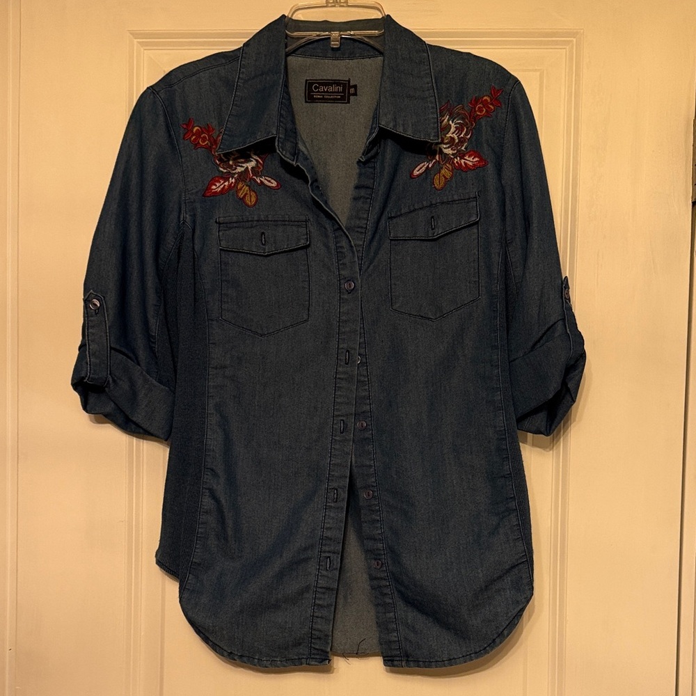Cavalini Blue Button Down Shirt with Floral Embroidery